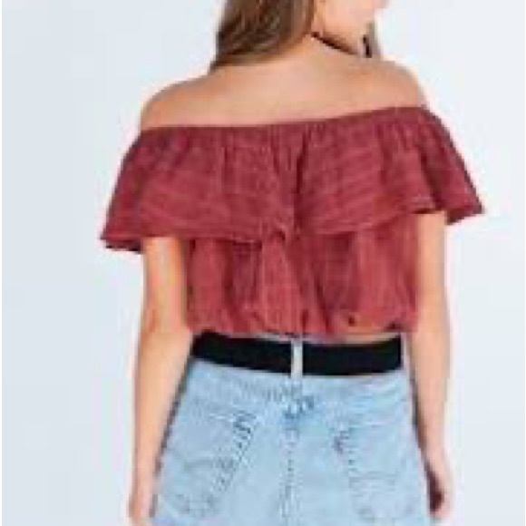 Urban Outfitters Kimchi Blue Maroon Plaid Ruffle Off Shoulder Crop Top Size XS - Picture 11 of 11